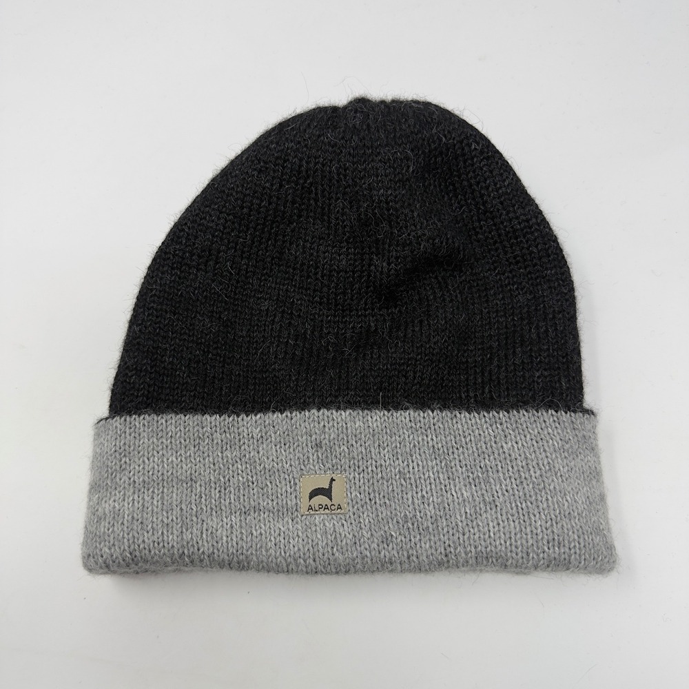 Reversible Alpaca Knit Cuffed Beanie Hat Black Grey Two Tone Warm‎ Made in Peru